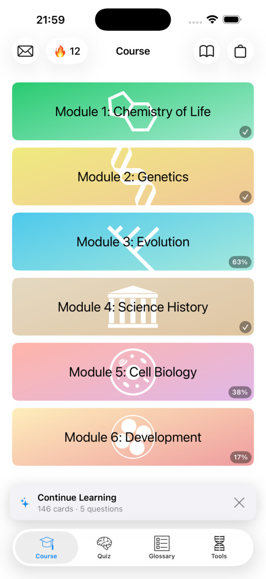 Codon One course menu with six modules